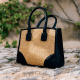 Sac seau en paille et simili cuir beige et noir