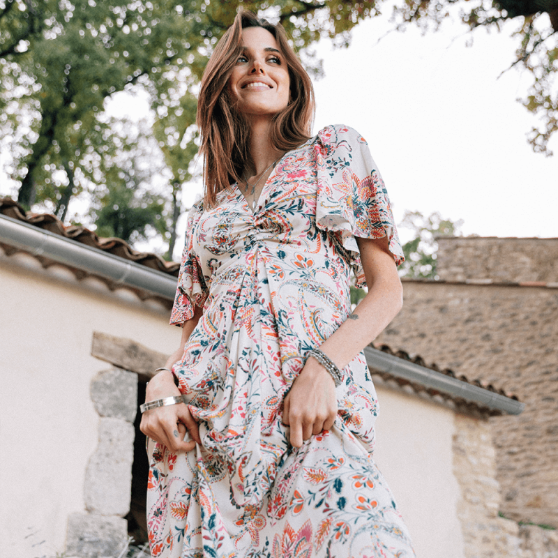 Robe longue imprimé rose et écru 100% viscose durable