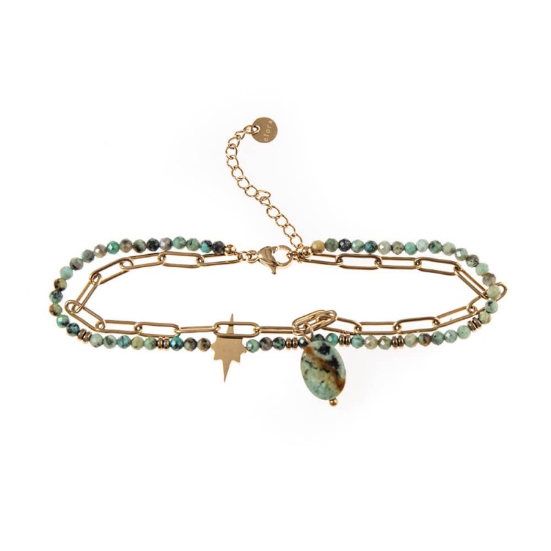 Bracelet multi-rangs doré et turquoise bi-matière