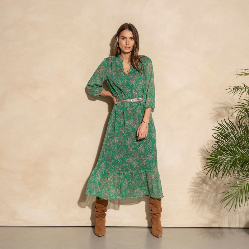 Robe longue imprimé bohème chic sur fond vert