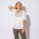 Blouse écru et kaki en viscose durable et plastron brodé