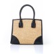 Sac seau en paille et simili cuir beige et noir