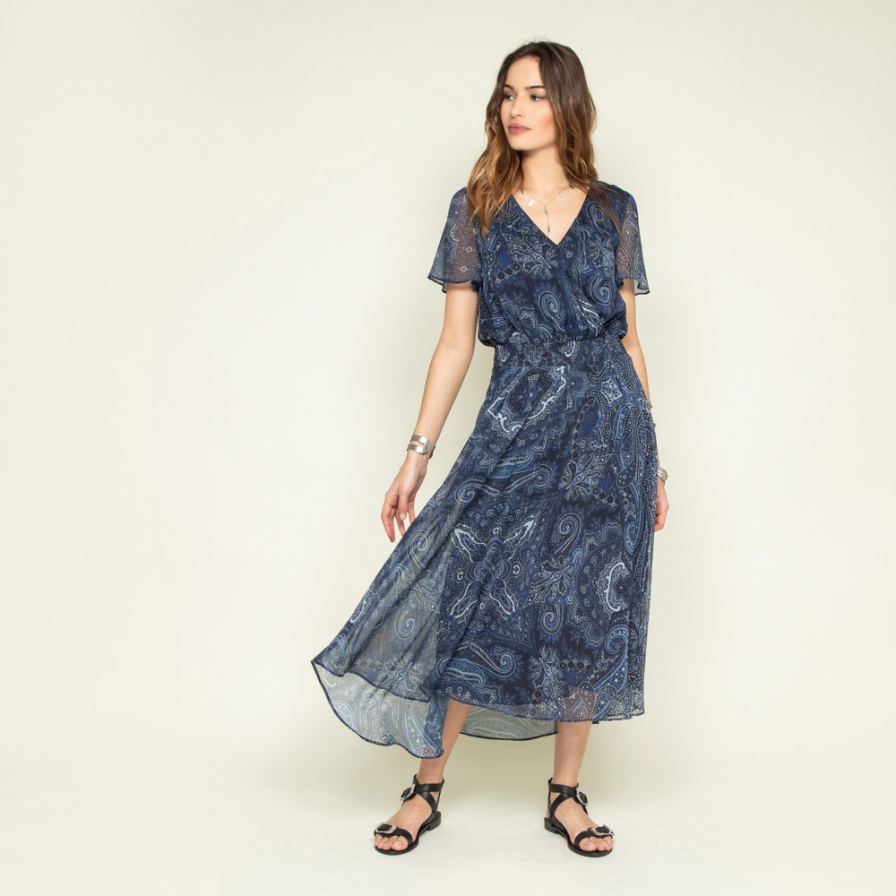 robe longue bohême à imprimé bleu en voile